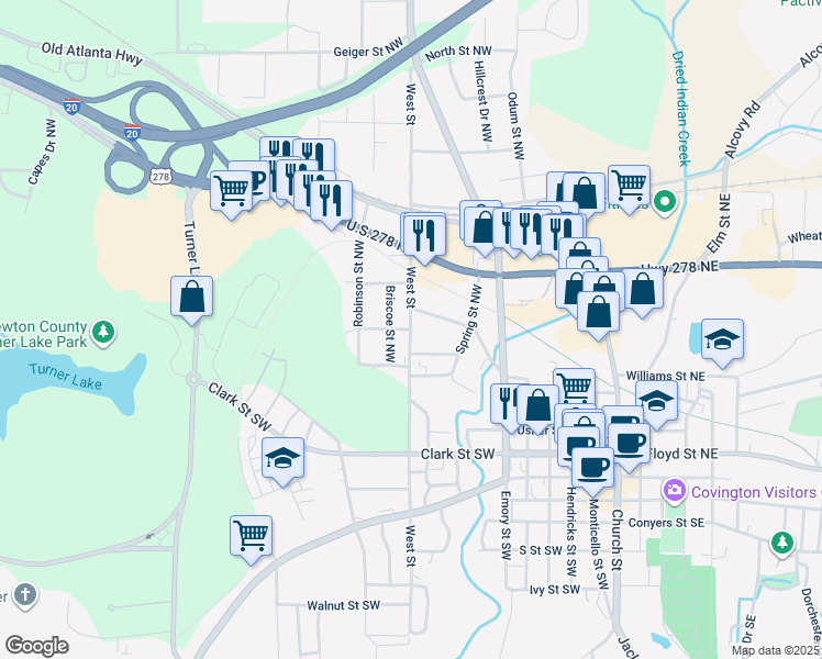 map of restaurants, bars, coffee shops, grocery stores, and more near 3247 West Street in Covington