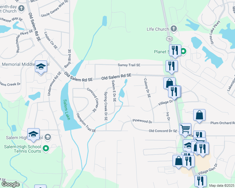 map of restaurants, bars, coffee shops, grocery stores, and more near 3346 Salem East Drive Southeast in Conyers