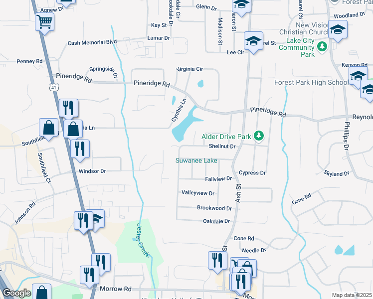 map of restaurants, bars, coffee shops, grocery stores, and more near 646 Shellnut Drive in Forest Park