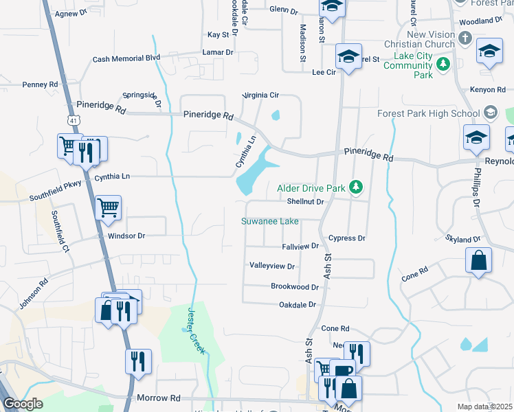 map of restaurants, bars, coffee shops, grocery stores, and more near 646 Shellnut Drive in Forest Park