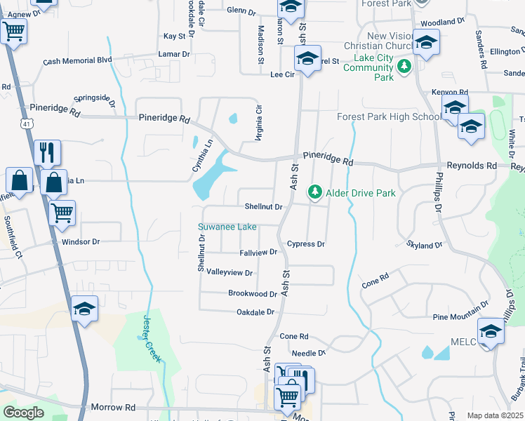 map of restaurants, bars, coffee shops, grocery stores, and more near 741 Shellnut Drive in Forest Park