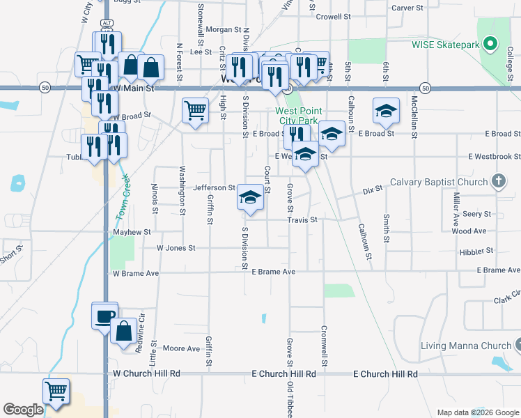 map of restaurants, bars, coffee shops, grocery stores, and more near 500-598 South Division Street in West Point