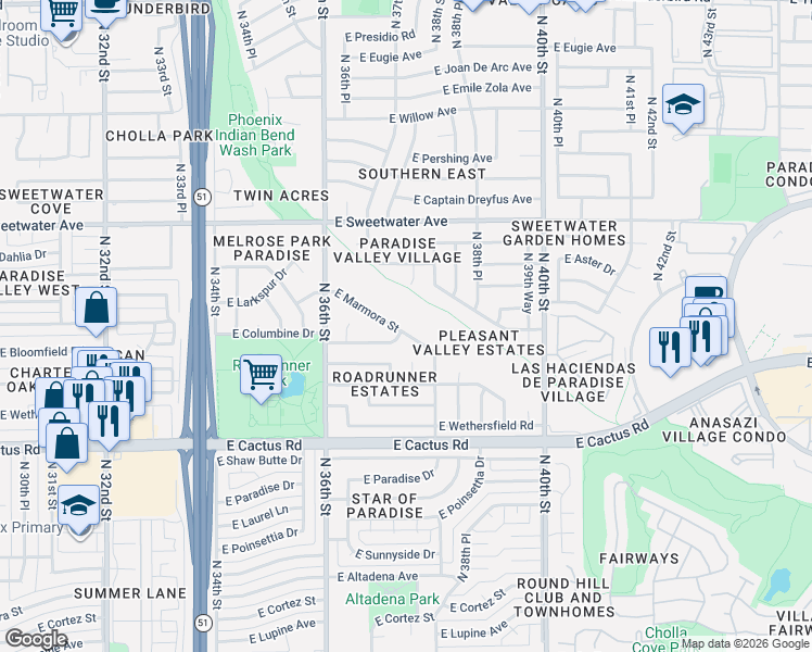 map of restaurants, bars, coffee shops, grocery stores, and more near 3710 East Marmora Street in Phoenix