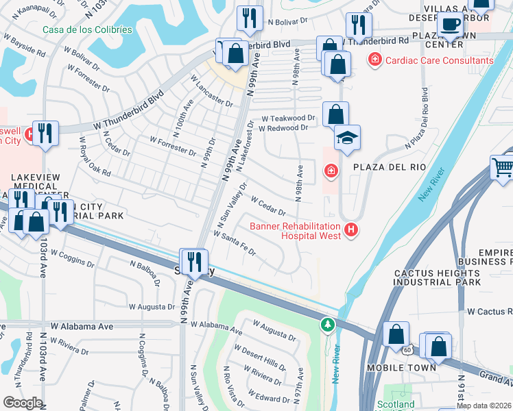 map of restaurants, bars, coffee shops, grocery stores, and more near 9831 West Forrester Drive in Sun City