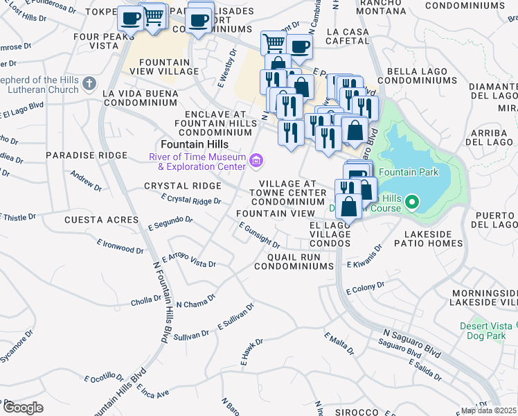map of restaurants, bars, coffee shops, grocery stores, and more near 16631 East El Lago Boulevard in Fountain Hills