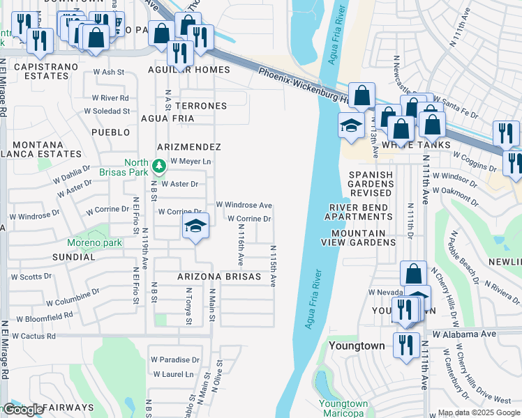 map of restaurants, bars, coffee shops, grocery stores, and more near 11519 West Windrose Avenue in El Mirage