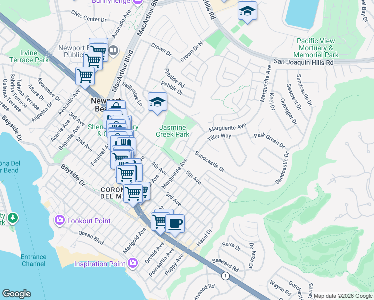 map of restaurants, bars, coffee shops, grocery stores, and more near 820 Gardenia Way in Newport Beach