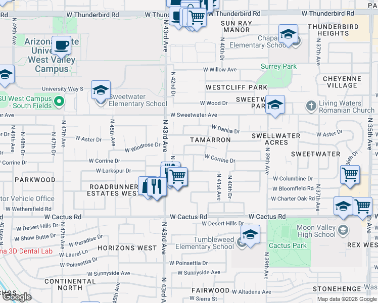 map of restaurants, bars, coffee shops, grocery stores, and more near 4128 West Windrose Drive in Phoenix
