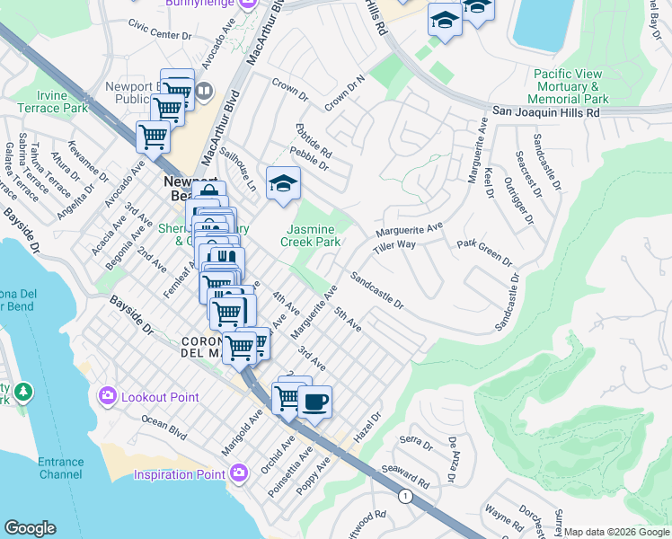 map of restaurants, bars, coffee shops, grocery stores, and more near 820 Gardenia Way in Newport Beach