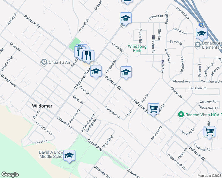 map of restaurants, bars, coffee shops, grocery stores, and more near 21735 Amaryllis Court in Wildomar