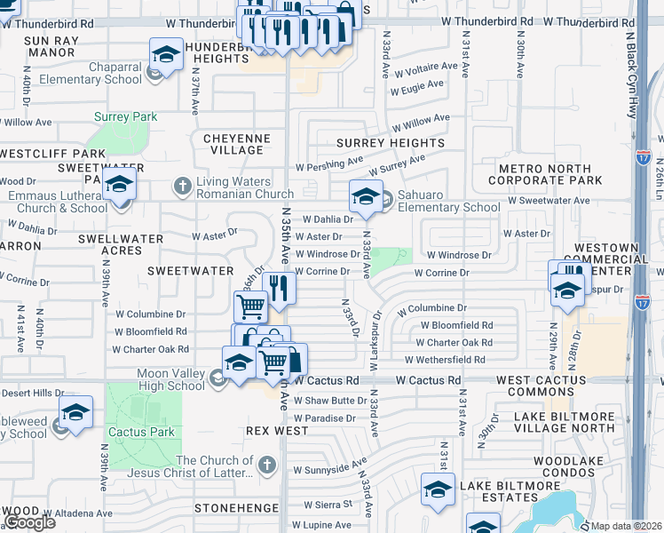 map of restaurants, bars, coffee shops, grocery stores, and more near 3320 West Windrose Drive in Phoenix