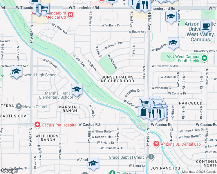 map of restaurants, bars, coffee shops, grocery stores, and more near 5527 West Sweetwater Avenue in Glendale