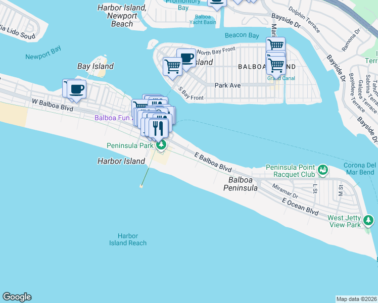 map of restaurants, bars, coffee shops, grocery stores, and more near 1000 East Balboa Boulevard in Newport Beach