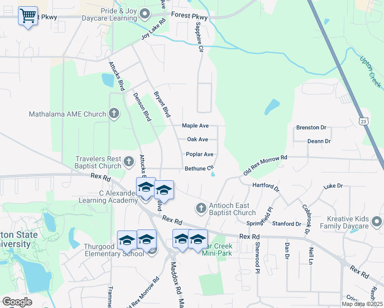 map of restaurants, bars, coffee shops, grocery stores, and more near Poplar Avenue in Clayton County