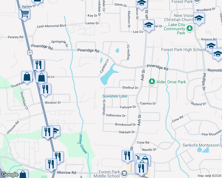 map of restaurants, bars, coffee shops, grocery stores, and more near 646 Shellnut Drive in Forest Park
