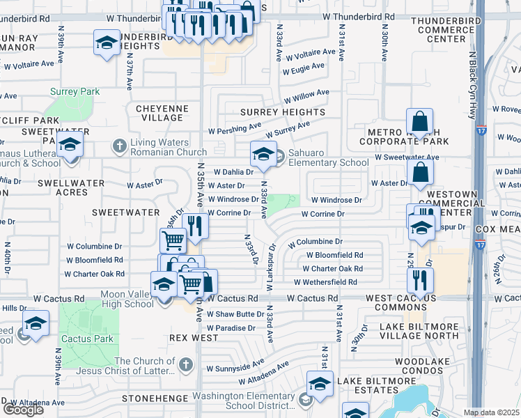 map of restaurants, bars, coffee shops, grocery stores, and more near 12635 North 33rd Avenue in Phoenix