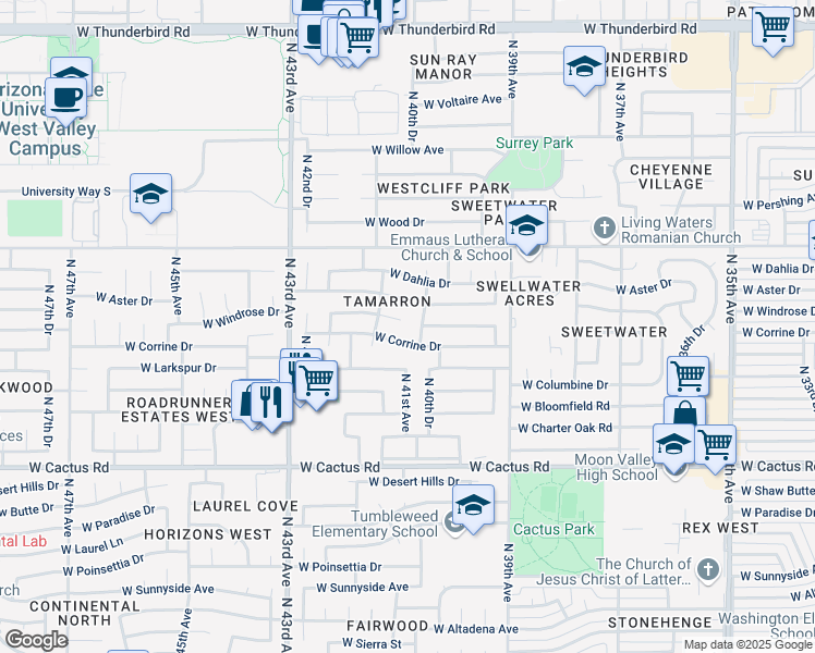map of restaurants, bars, coffee shops, grocery stores, and more near 4015 West Aster Drive in Phoenix