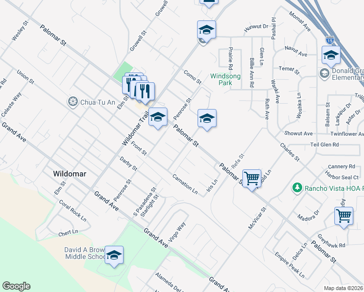 map of restaurants, bars, coffee shops, grocery stores, and more near 21735 Amaryllis Court in Wildomar