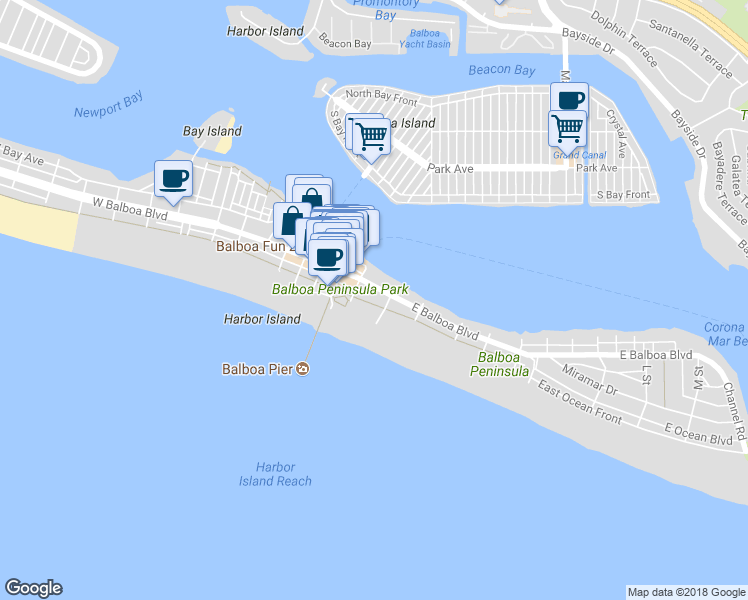 map of restaurants, bars, coffee shops, grocery stores, and more near 905 East Balboa Boulevard in Newport Beach