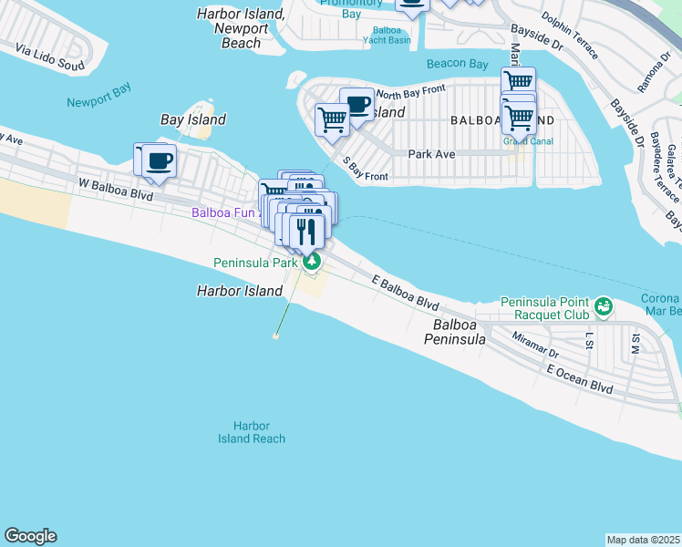 map of restaurants, bars, coffee shops, grocery stores, and more near 916 East Oceanfront in Newport Beach