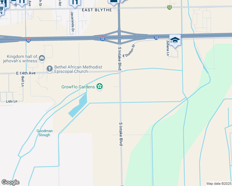 map of restaurants, bars, coffee shops, grocery stores, and more near 643 South Intake Boulevard in Blythe