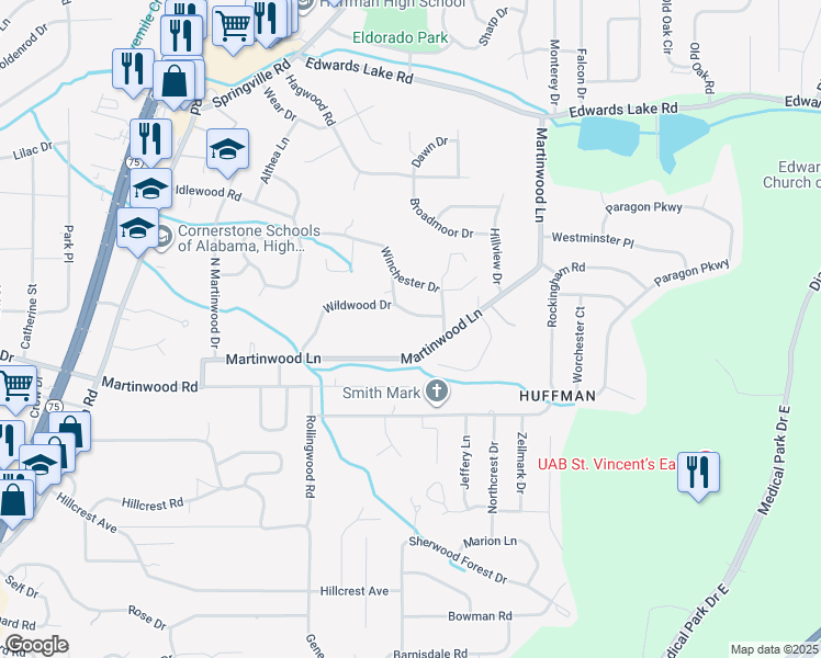 map of restaurants, bars, coffee shops, grocery stores, and more near 1009 Wildwood Drive in Birmingham