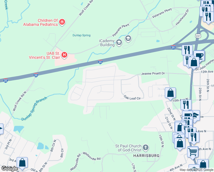 map of restaurants, bars, coffee shops, grocery stores, and more near 335 Woodland Crest in Pell City
