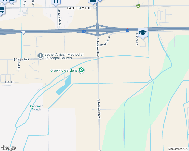 map of restaurants, bars, coffee shops, grocery stores, and more near 643 South Intake Boulevard in Blythe