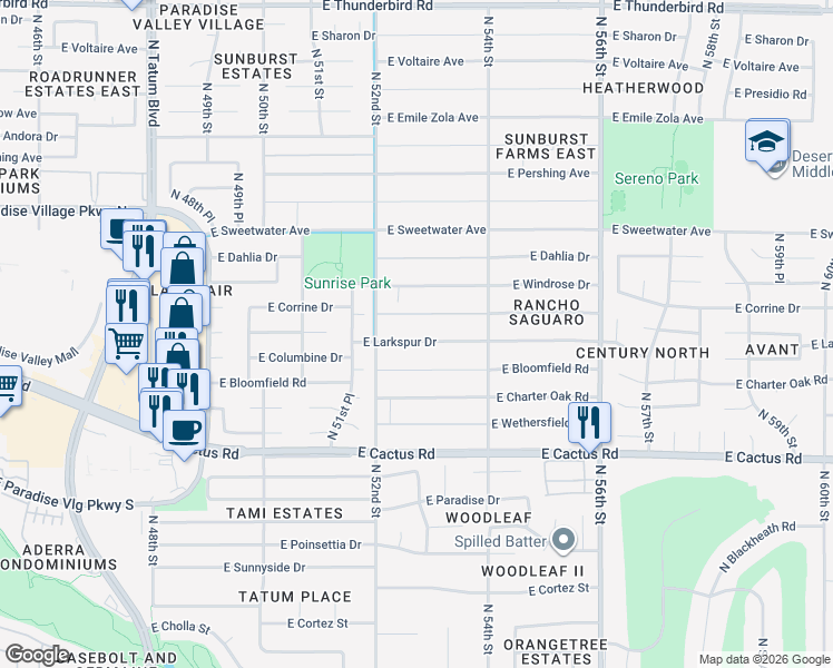 map of restaurants, bars, coffee shops, grocery stores, and more near 5234 East Larkspur Drive in Scottsdale