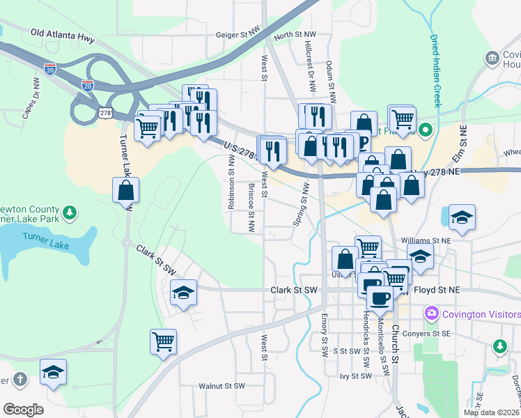 map of restaurants, bars, coffee shops, grocery stores, and more near 3247 West Street in Covington