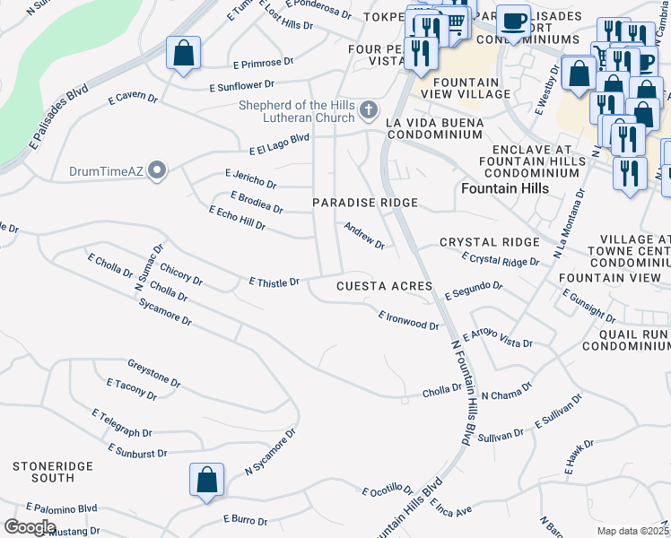 map of restaurants, bars, coffee shops, grocery stores, and more near 12616 Mountainside Drive in Fountain Hills