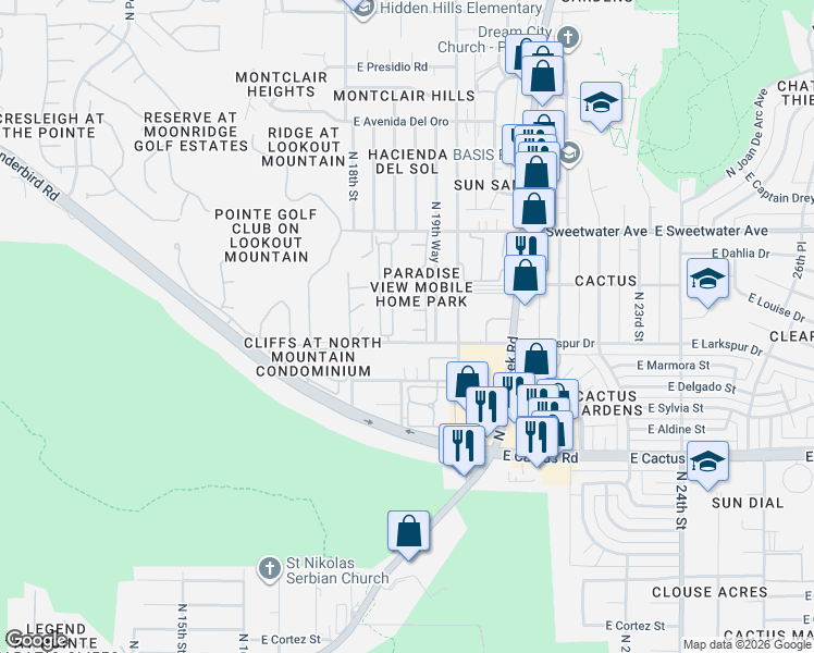 map of restaurants, bars, coffee shops, grocery stores, and more near 1913 East Louise Drive in Phoenix