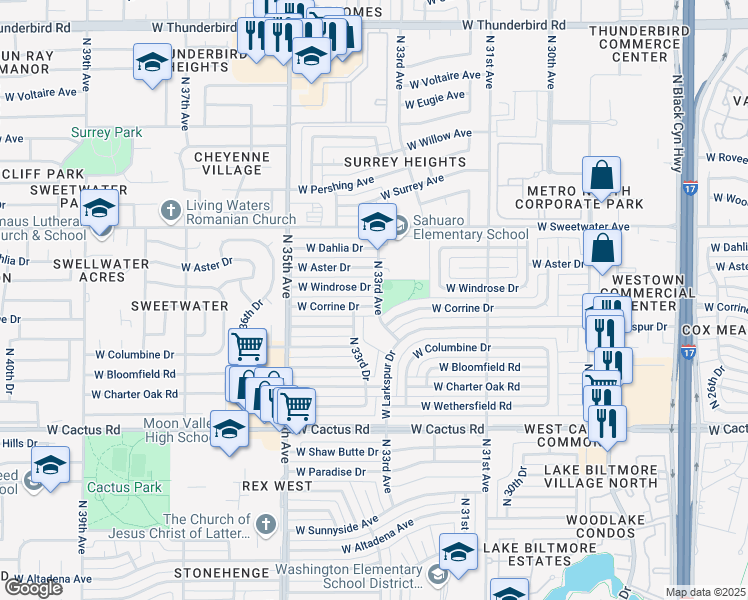 map of restaurants, bars, coffee shops, grocery stores, and more near 12635 North 33rd Avenue in Phoenix