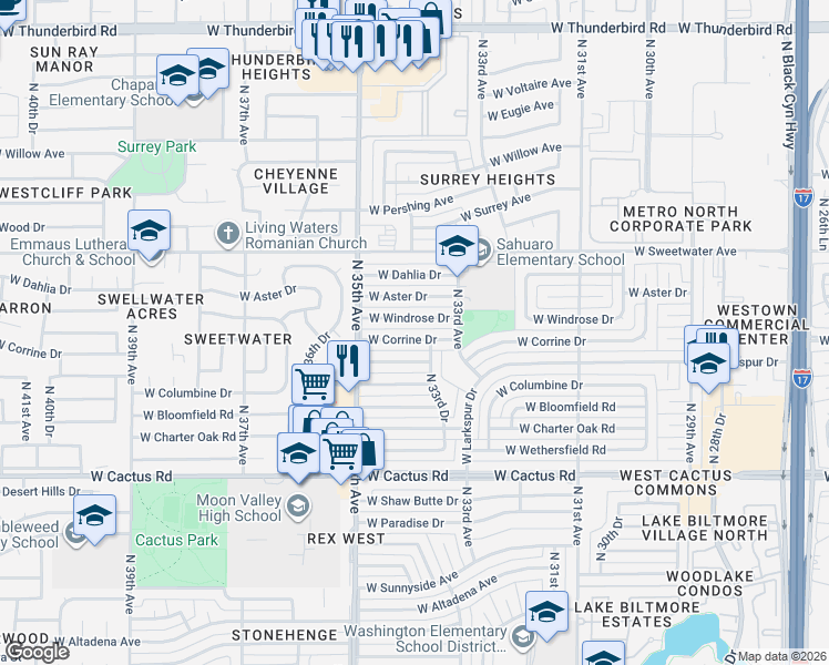 map of restaurants, bars, coffee shops, grocery stores, and more near 3320 West Windrose Drive in Phoenix