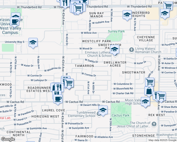 map of restaurants, bars, coffee shops, grocery stores, and more near 4015 West Aster Drive in Phoenix