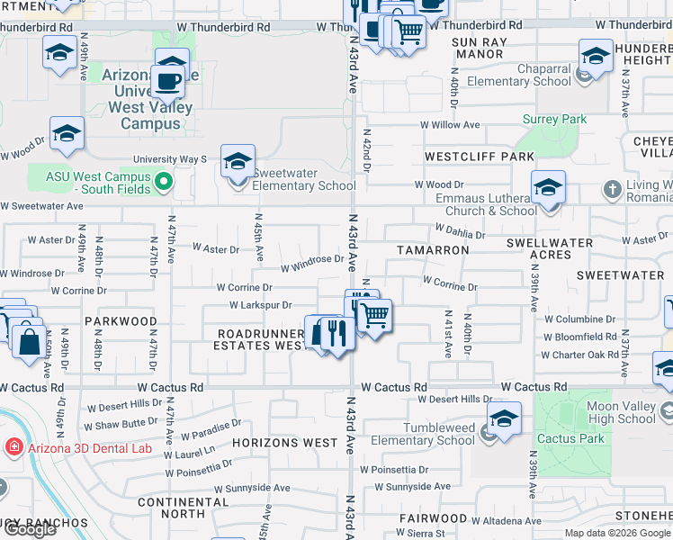 map of restaurants, bars, coffee shops, grocery stores, and more near 4303 West Windrose Drive in Glendale