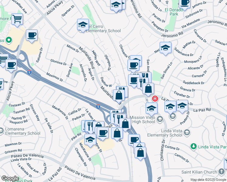 map of restaurants, bars, coffee shops, grocery stores, and more near 24841 Leto Circle in Mission Viejo