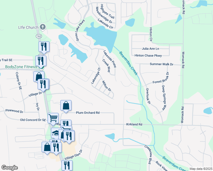 map of restaurants, bars, coffee shops, grocery stores, and more near 375 Milton Drive in Covington