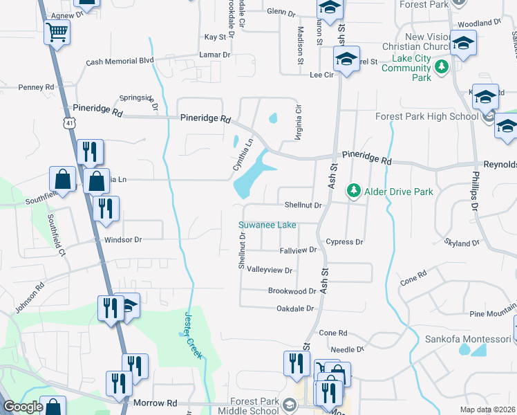 map of restaurants, bars, coffee shops, grocery stores, and more near 646 Shellnut Drive in Forest Park