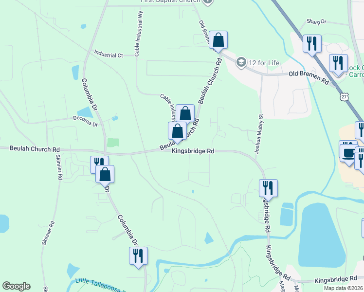 map of restaurants, bars, coffee shops, grocery stores, and more near 232 Beulah Church Road in Carrollton