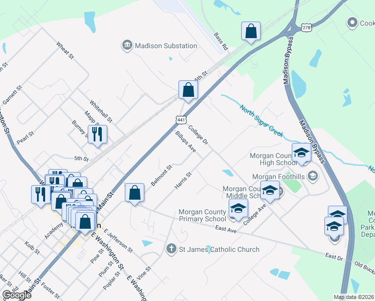 map of restaurants, bars, coffee shops, grocery stores, and more near 717 Billups Avenue in Madison