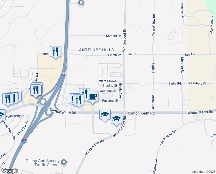 map of restaurants, bars, coffee shops, grocery stores, and more near 28389 Bruning Street in Murrieta