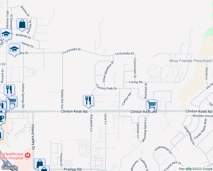 map of restaurants, bars, coffee shops, grocery stores, and more near 35778 Crest Meadow Drive in Wildomar
