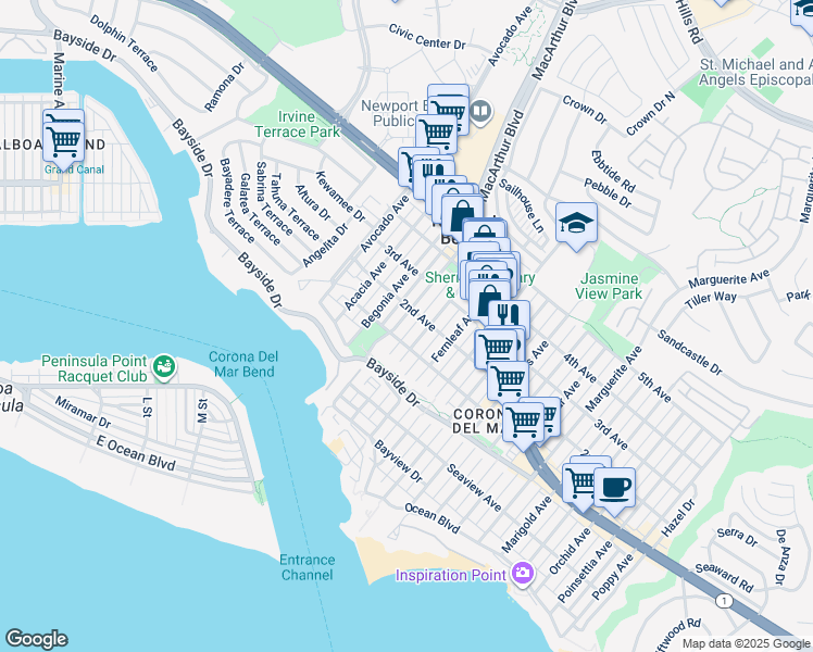 map of restaurants, bars, coffee shops, grocery stores, and more near 430 Carnation Avenue in Newport Beach