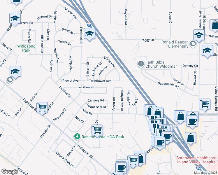 map of restaurants, bars, coffee shops, grocery stores, and more near 35768 Octopus Lane in Wildomar