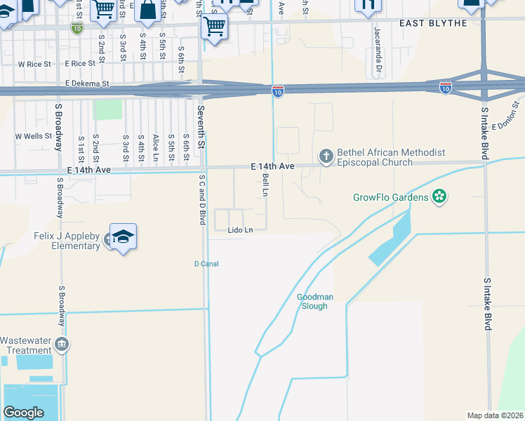 map of restaurants, bars, coffee shops, grocery stores, and more near 971 Vista Sunrise Street in Blythe