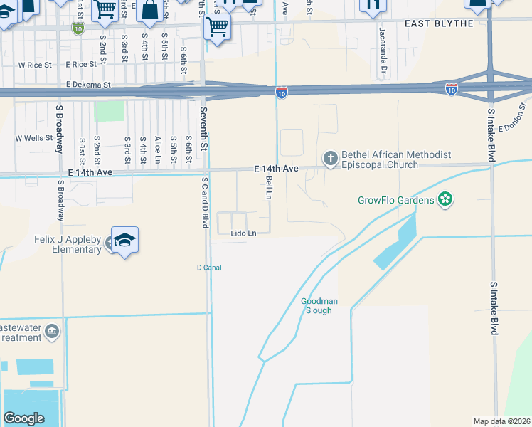 map of restaurants, bars, coffee shops, grocery stores, and more near 627 Bell Lane in Blythe