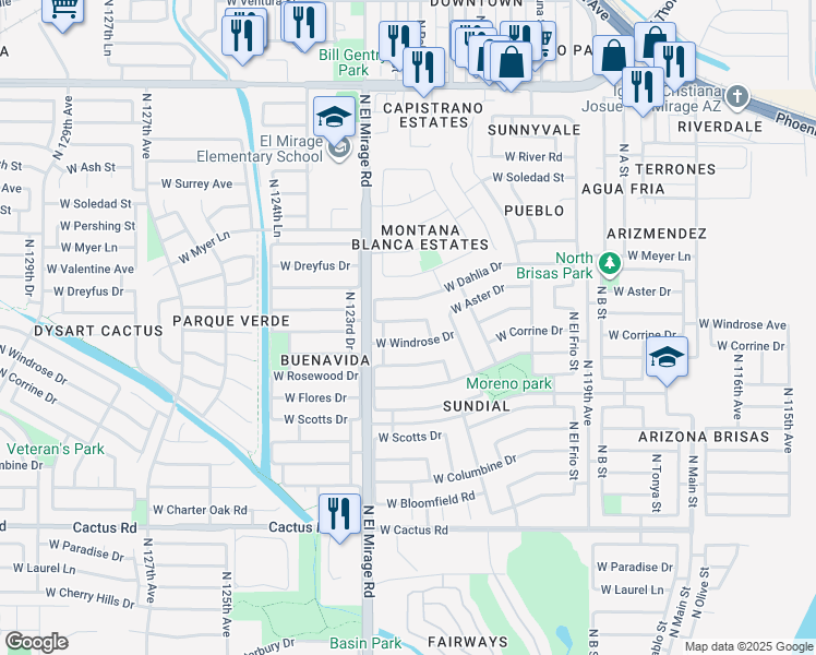 map of restaurants, bars, coffee shops, grocery stores, and more near 12222 West Aster Drive in El Mirage