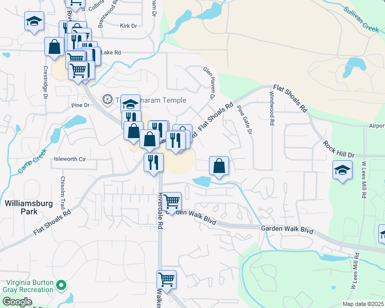map of restaurants, bars, coffee shops, grocery stores, and more near 5645 Hidden Brook Circle in Atlanta