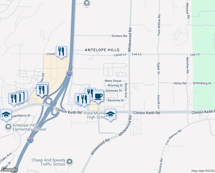 map of restaurants, bars, coffee shops, grocery stores, and more near 28349 Bruning Street in Murrieta
